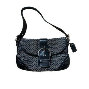 COACH Signature Canvas Monogram Logo Black Leather Buckle Flap Shoulder Bag